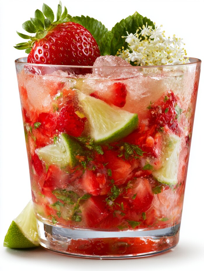 Erdbeer-Holunderblüten-Caipirinha Cocktail